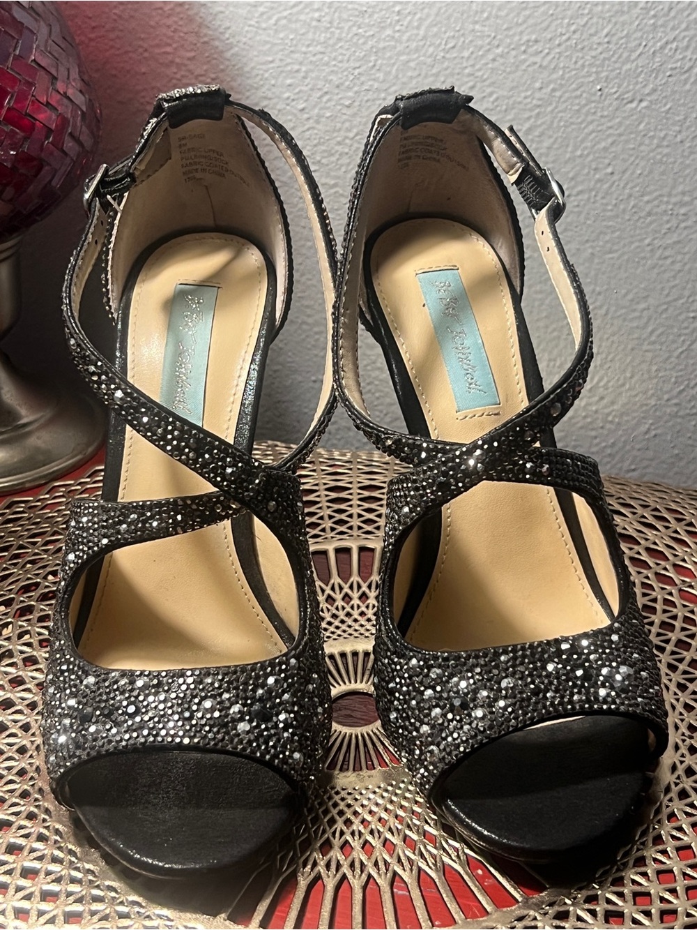 Betsey Johnson Black Crystal Embellished Strappy High Heel Sandal - Picture 2 of 10